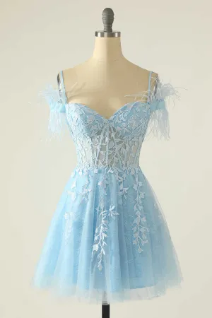 Modest Light Blue Appliques A-Line Short Homecoming Dresses