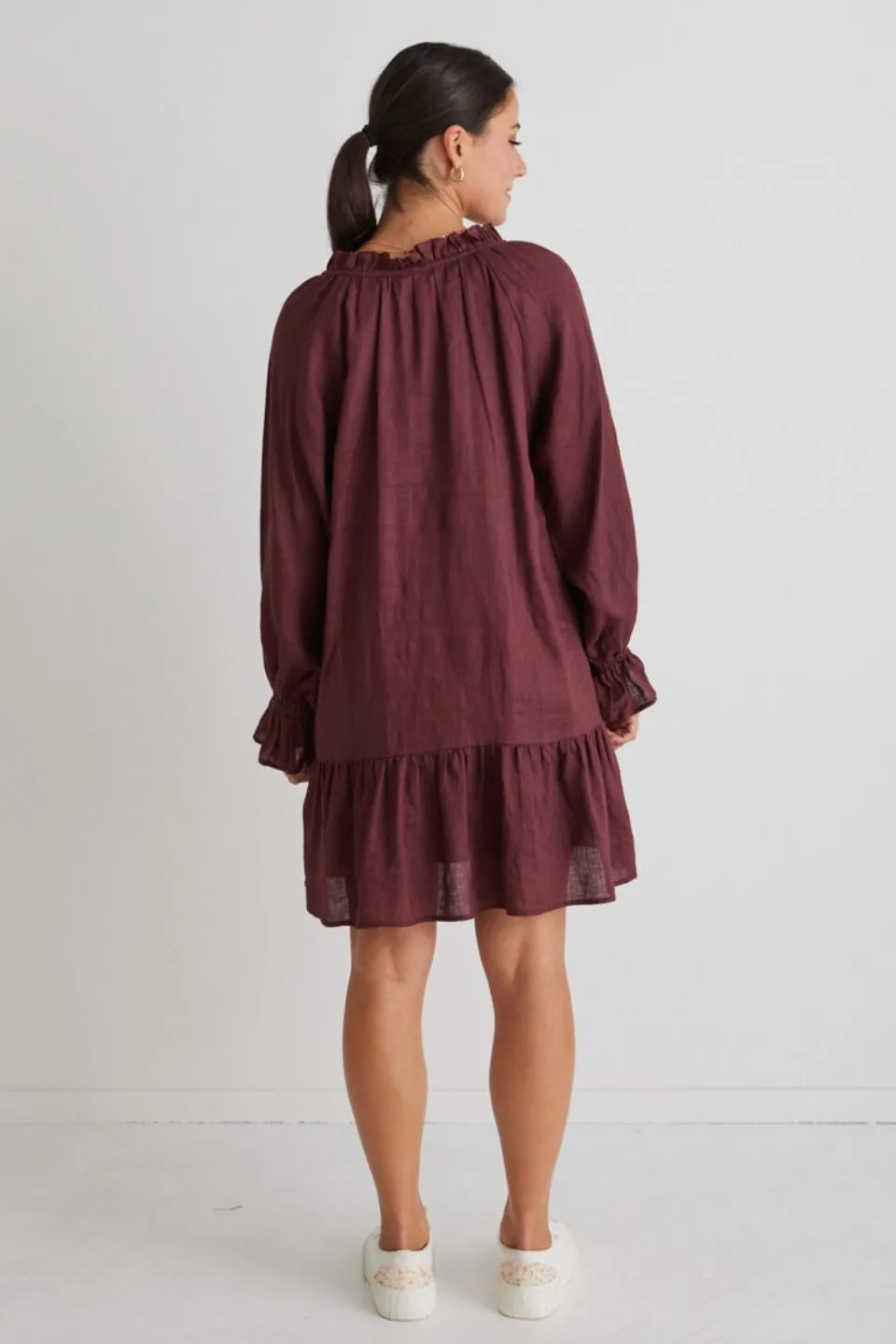 Mystic Raisin Linen Pleated Smock Dress