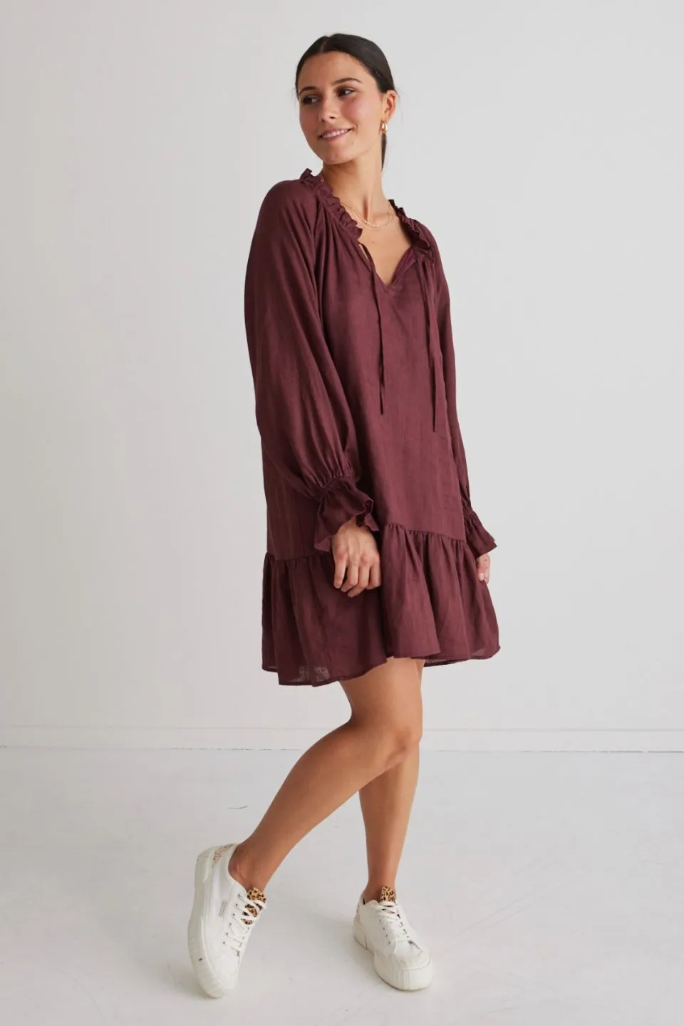 Mystic Raisin Linen Pleated Smock Dress