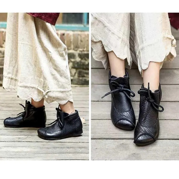 Nation Style Handmade Ankle Boots Lace Up Soft Sole Flat Walking Shoes Ankle Booties Black/Coffee