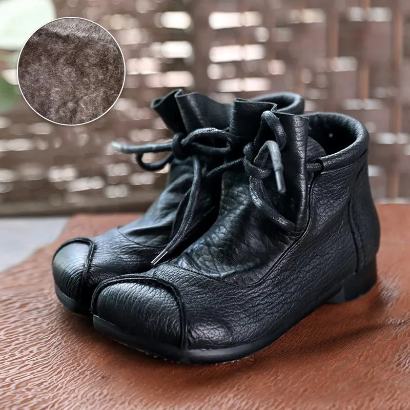 Nation Style Handmade Ankle Boots Lace Up Soft Sole Flat Walking Shoes Ankle Booties Black/Coffee