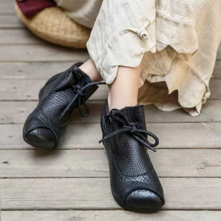 Nation Style Handmade Ankle Boots Lace Up Soft Sole Flat Walking Shoes Ankle Booties Black/Coffee