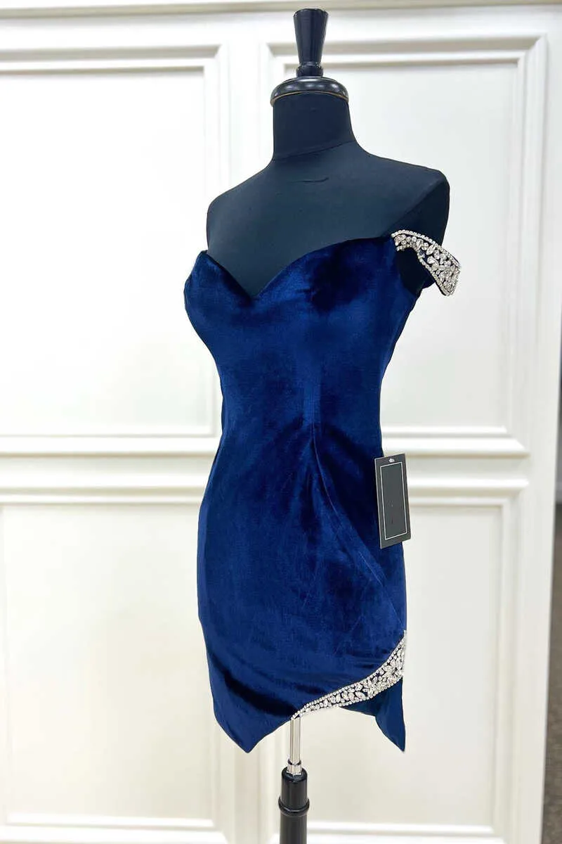 Navy Blue Off the Shoulder Beaded Homecoming Dress with Slit