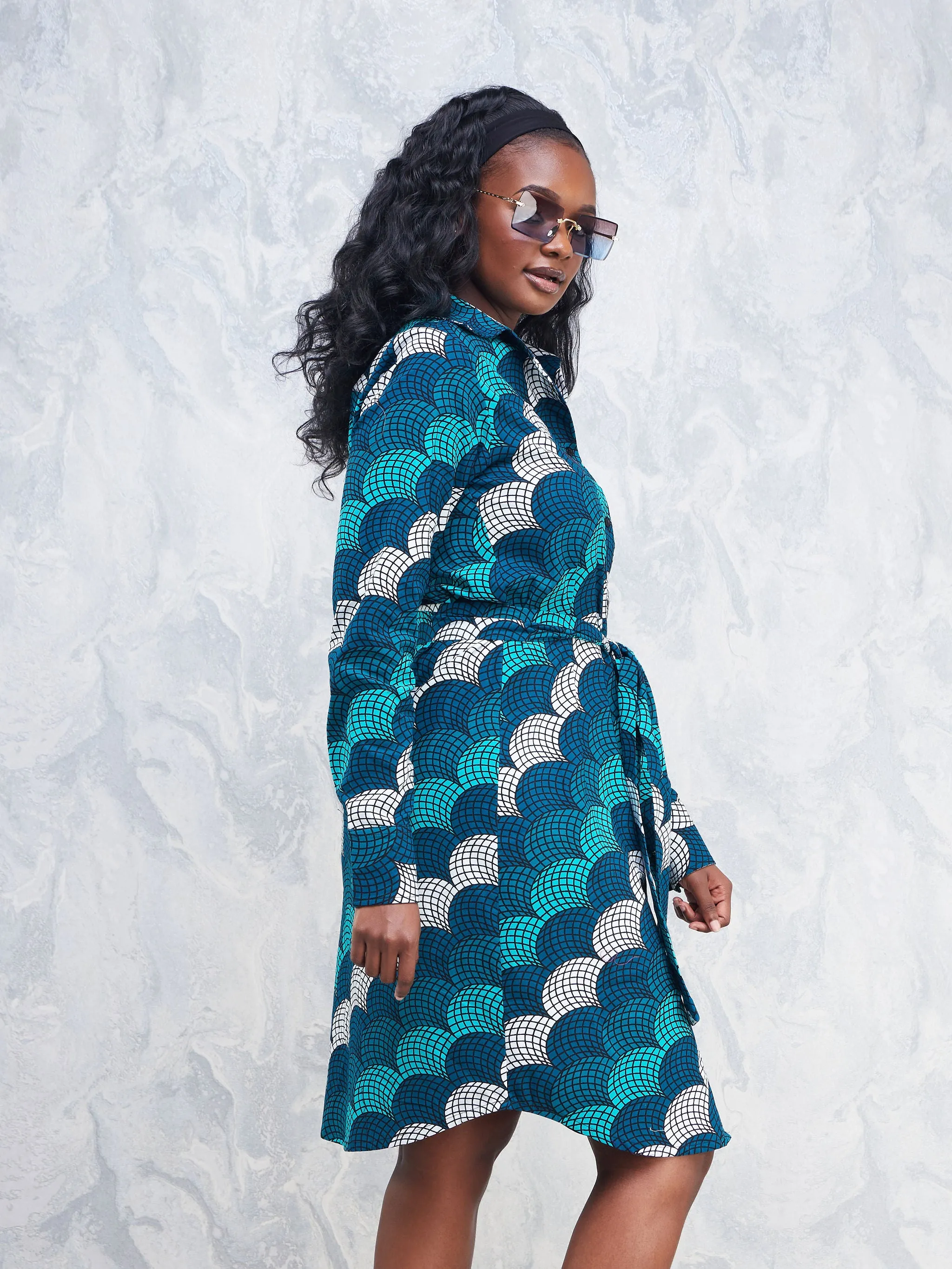 Nimali Long Sleeve Shirt Dress - Sea Green / Teal Abstract Ankara