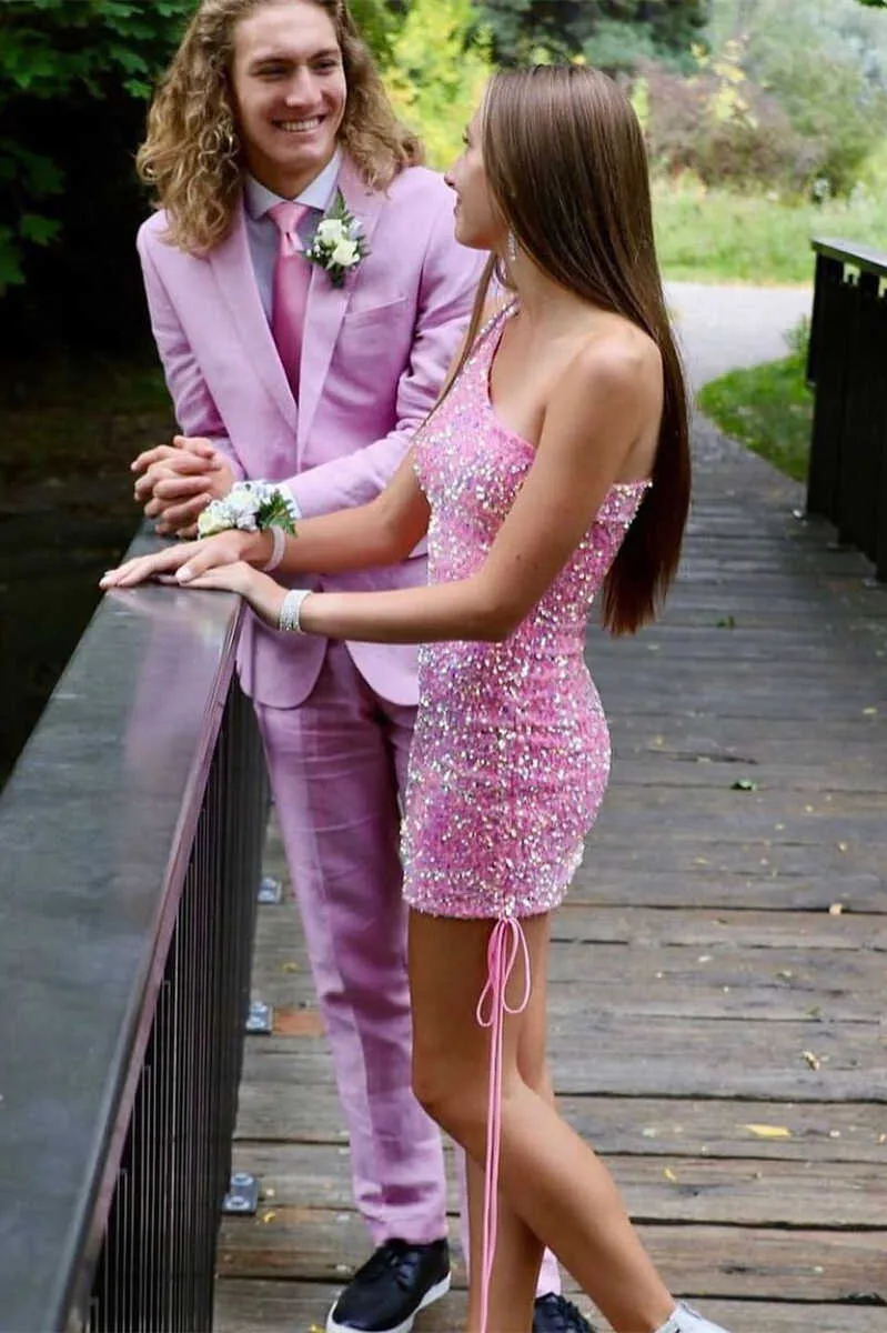 One-Shoulder Pink Sequin Cocktail Dress Classy Evening