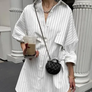 Oversized Black and White Stripe Cargo Pocket Cotton Blend Button Down Shirt