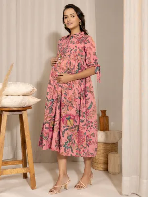 Peach Cotton Floral Gathered Maternity Dress