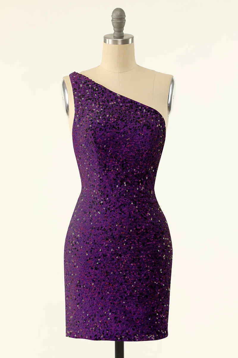 Pink Sequin One-Shoulder Backless Formal Mini Dresses