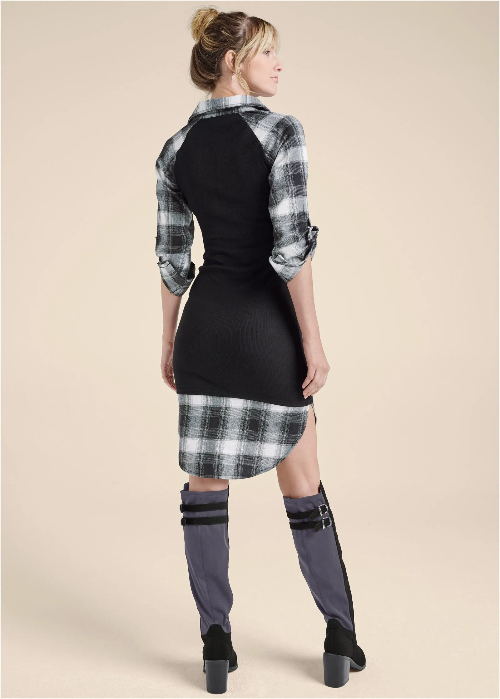 Plaid Detail Henley Dress - Black & White