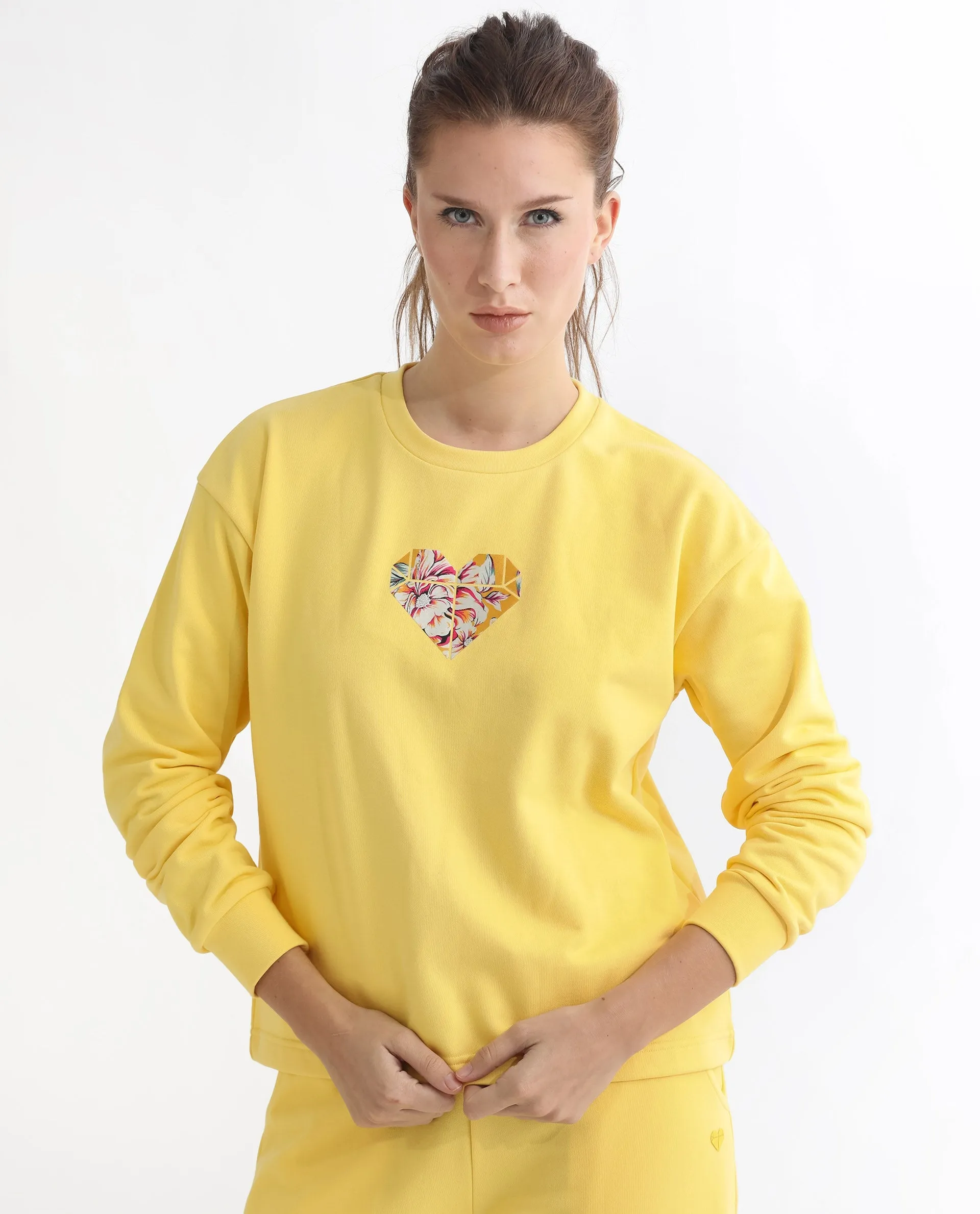 Rareism Women Morin Yellow Poly Cotton Fabric Full Sleeves Crew Neck Cuffed Sleeve Regular Fit Graphic Print Sweatshirt