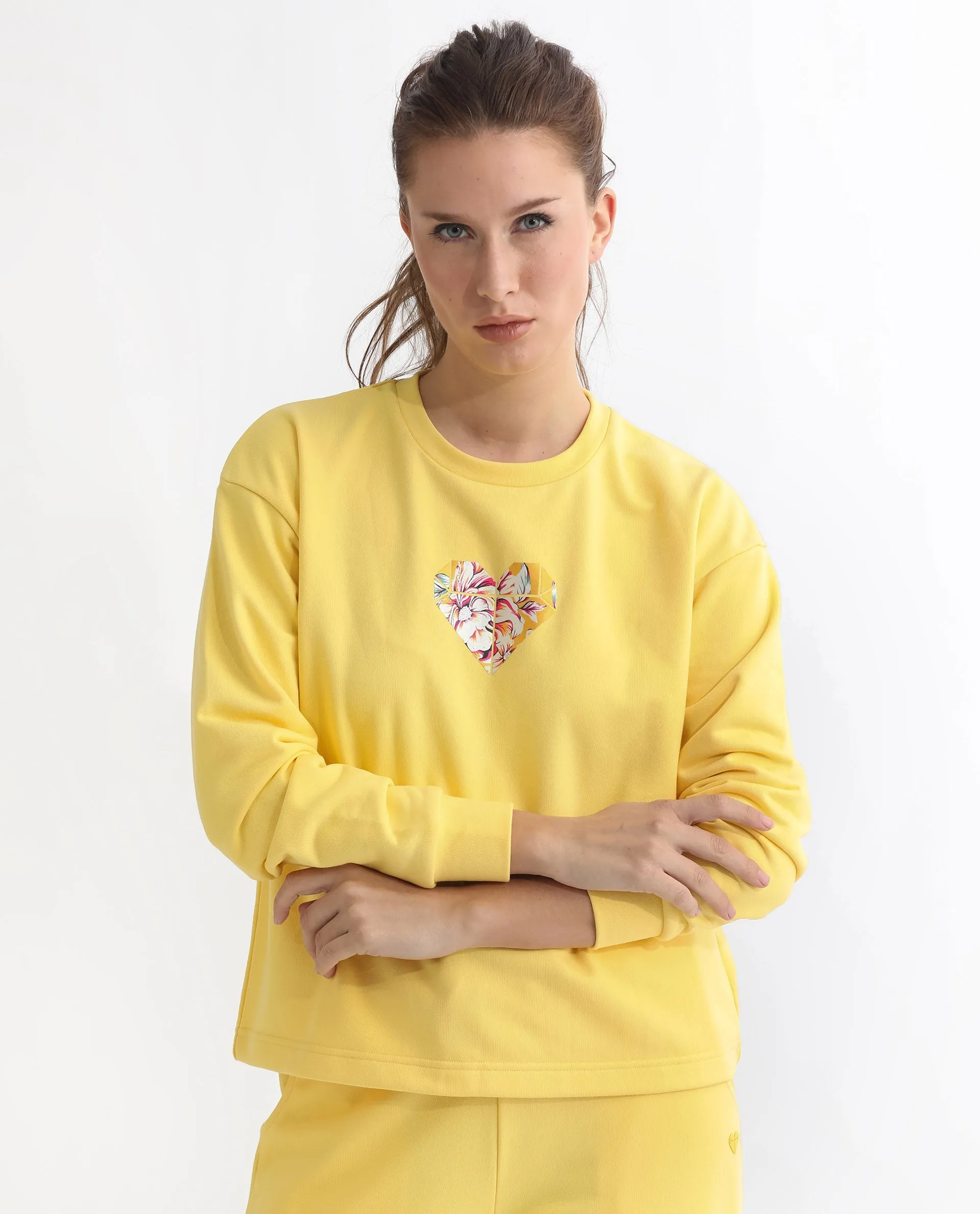 Rareism Women Morin Yellow Poly Cotton Fabric Full Sleeves Crew Neck Cuffed Sleeve Regular Fit Graphic Print Sweatshirt