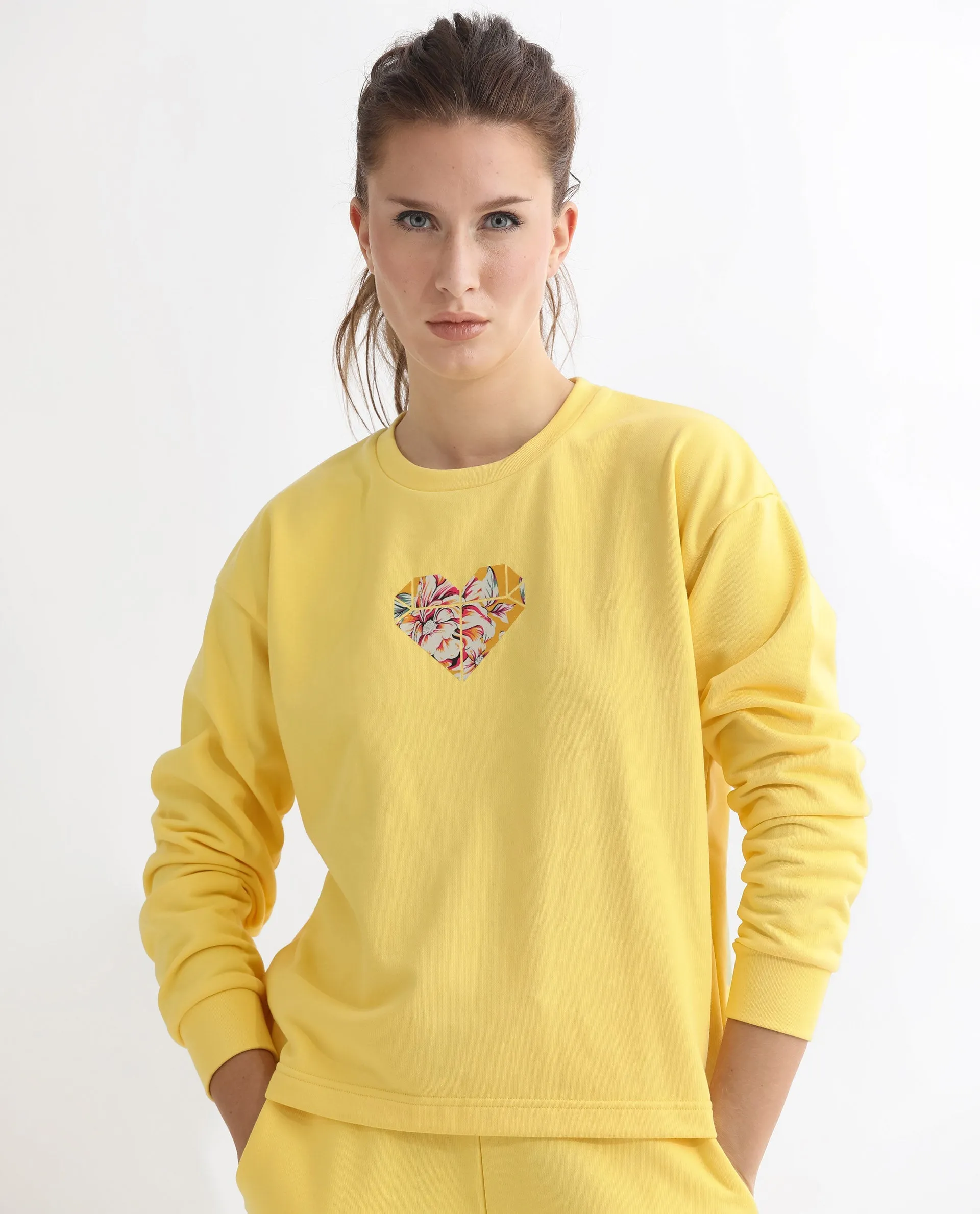 Rareism Women Morin Yellow Poly Cotton Fabric Full Sleeves Crew Neck Cuffed Sleeve Regular Fit Graphic Print Sweatshirt