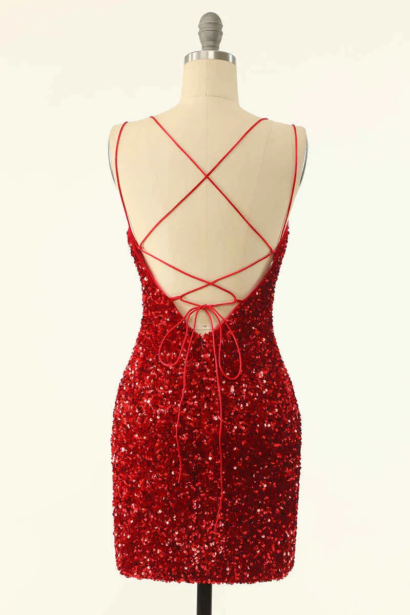 Red Sequin Lace-Up Bodycon Short Homecoming Dresses