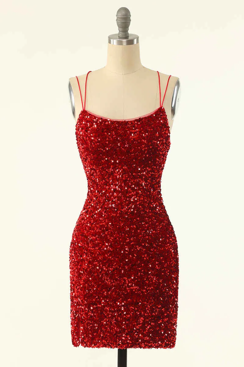 Red Sequin Lace-Up Bodycon Short Homecoming Dresses