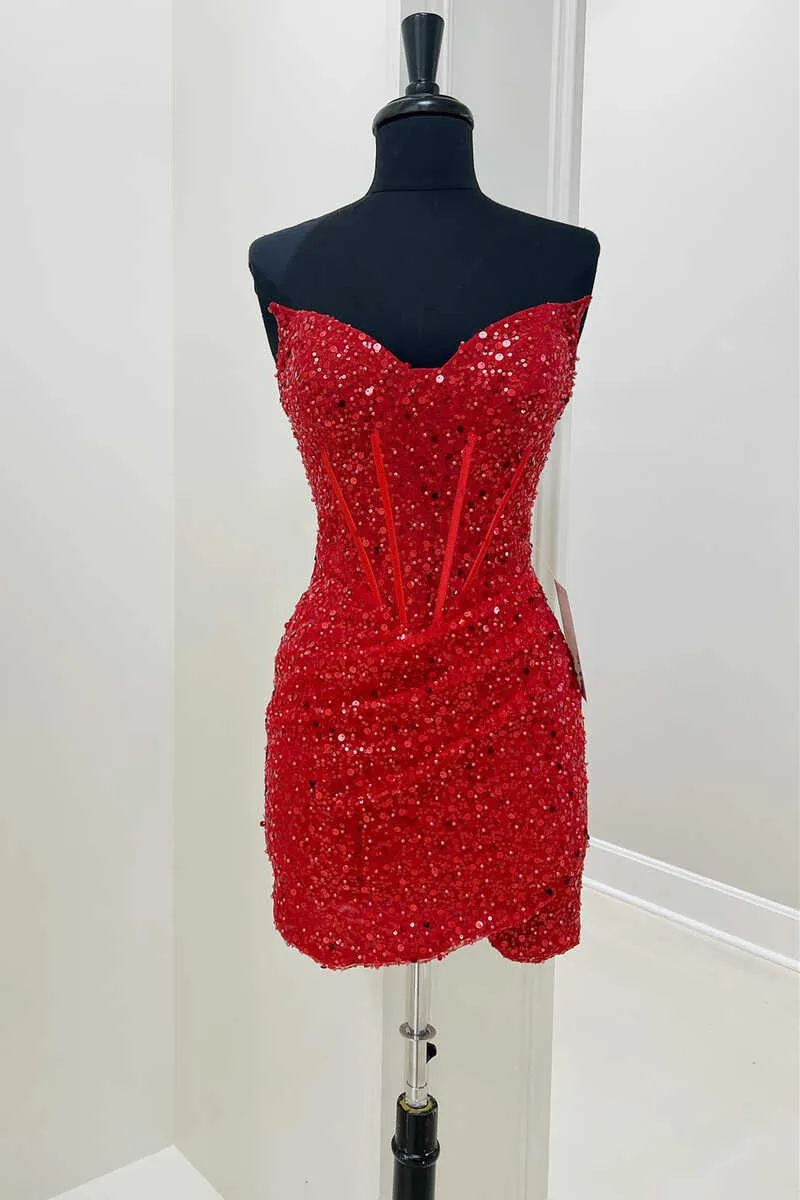 Red Sequined Sheath Mini Homecoming Dress Club Dresses