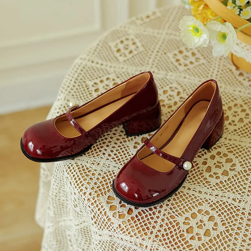 Retro Leather Block Heel Office Shoes Mary Jane Pumps With Pearl Detail in Wine Red/Black