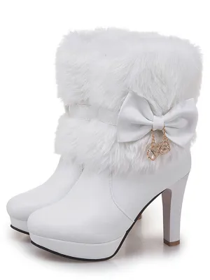 Retro Solid Furry Chunky Heel Short Boots