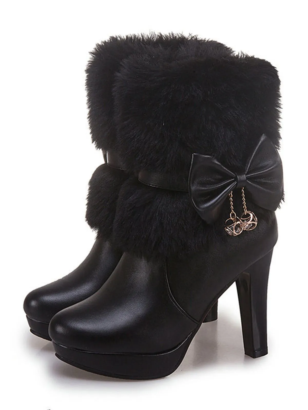 Retro Solid Furry Chunky Heel Short Boots