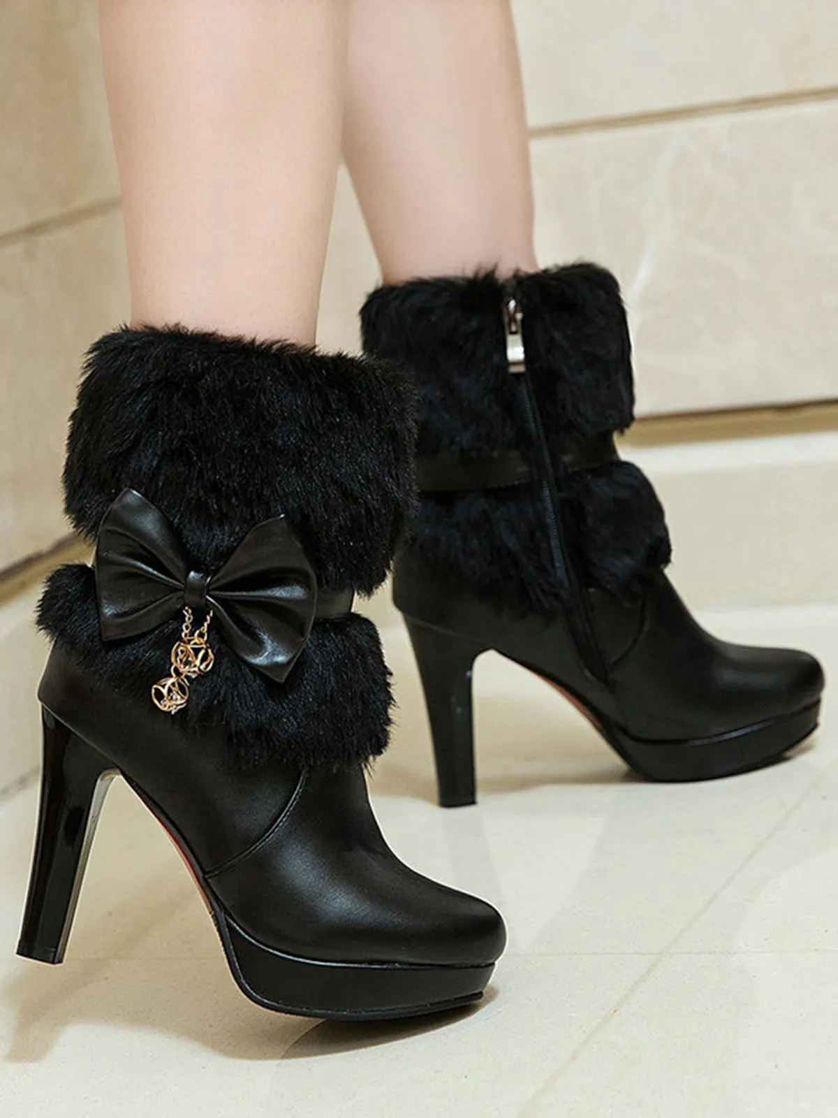 Retro Solid Furry Chunky Heel Short Boots