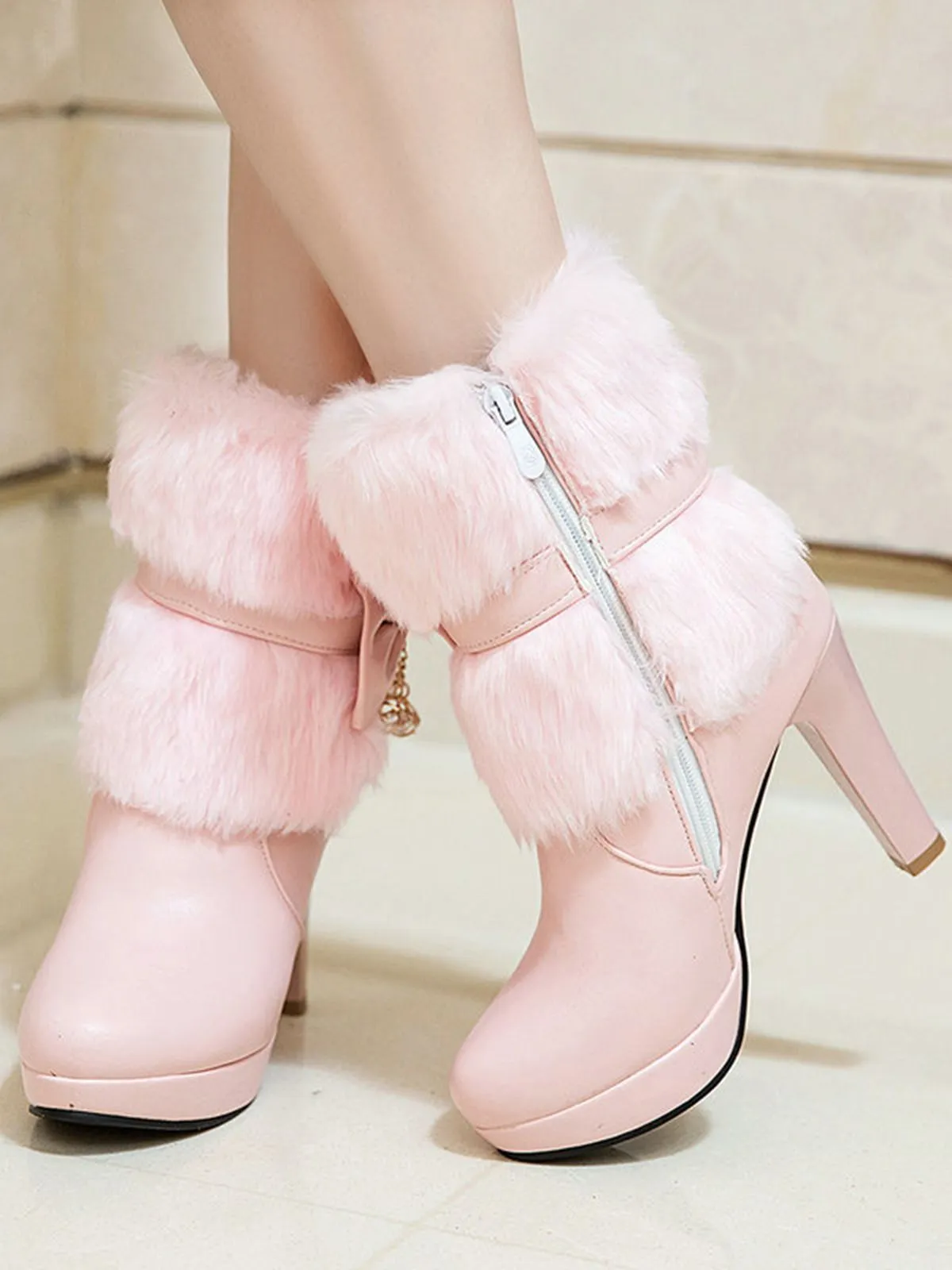 Retro Solid Furry Chunky Heel Short Boots