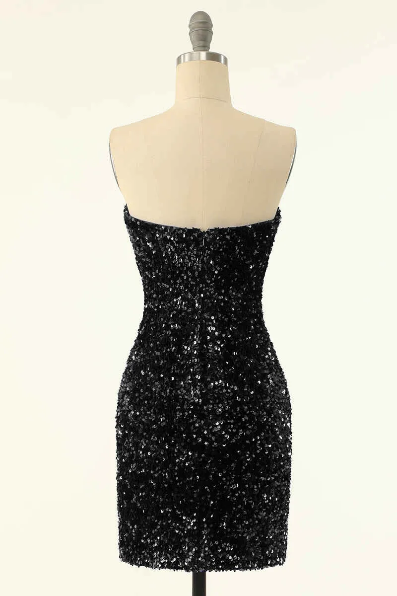 Royal Blue Sequin Strapless Black Mini Homecoming Dress