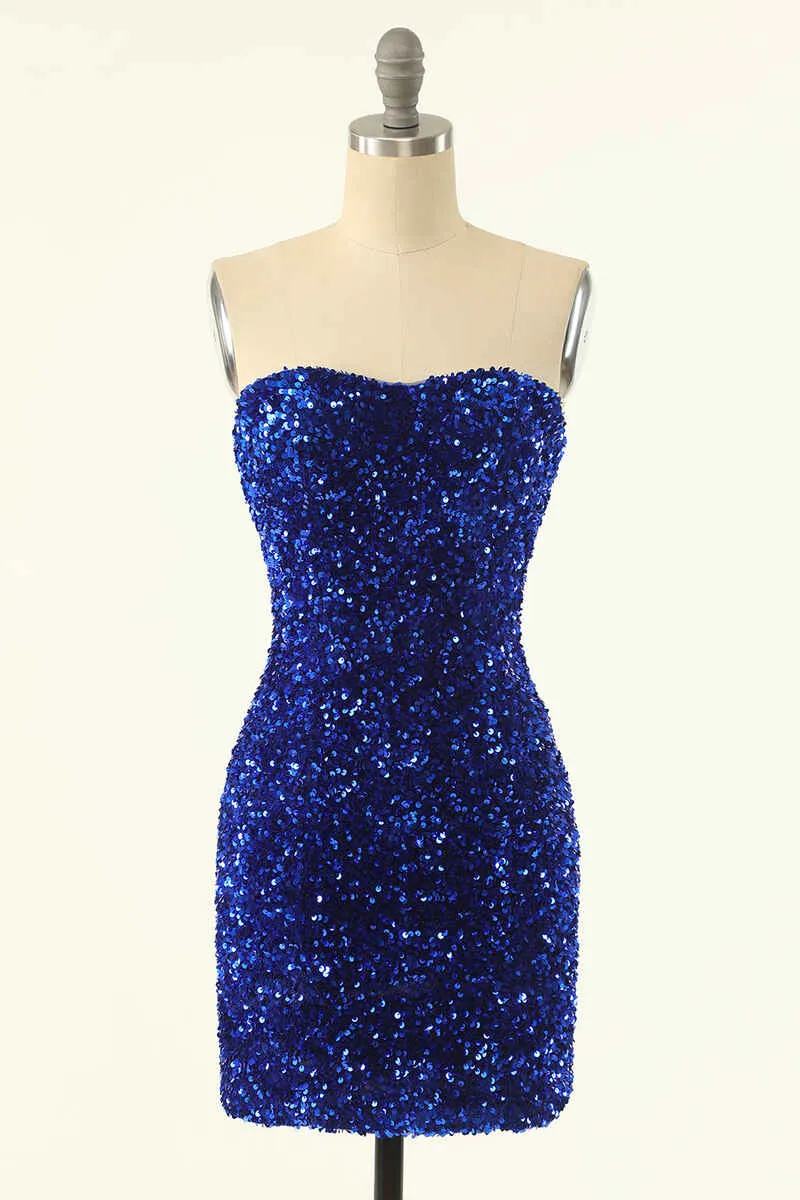 Royal Blue Sequin Strapless Black Mini Homecoming Dress