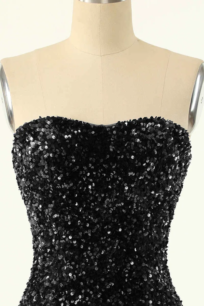 Royal Blue Sequin Strapless Black Mini Homecoming Dress