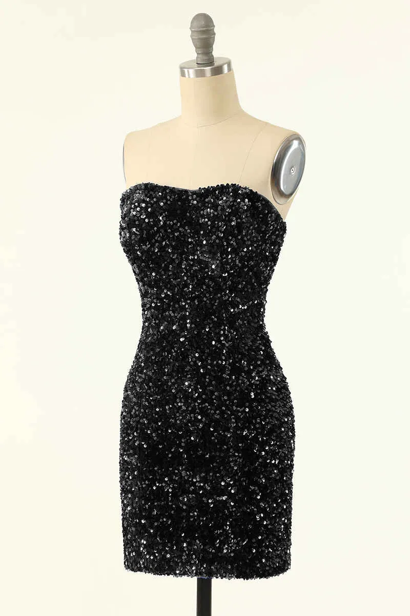 Royal Blue Sequin Strapless Black Mini Homecoming Dress