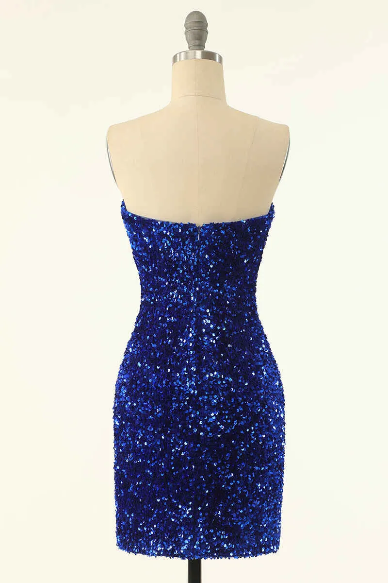 Royal Blue Sequin Strapless Black Mini Homecoming Dress