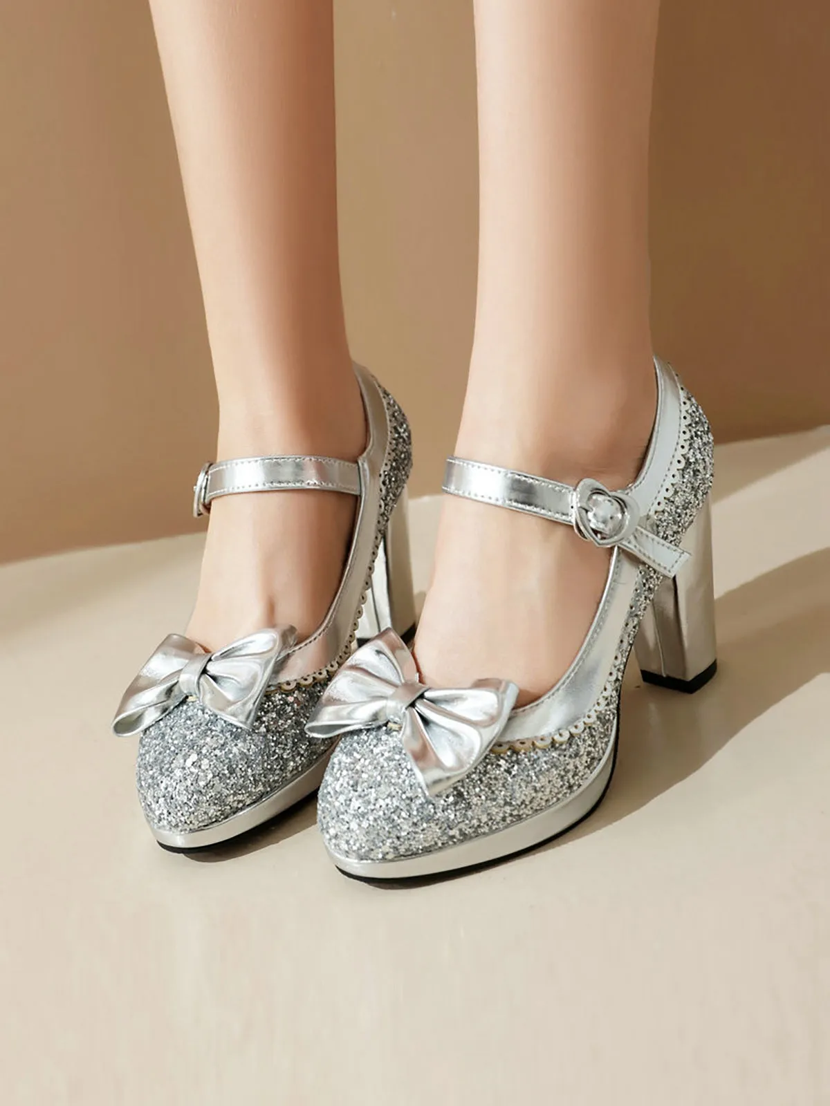 Sequined Bow Chunky High Heels