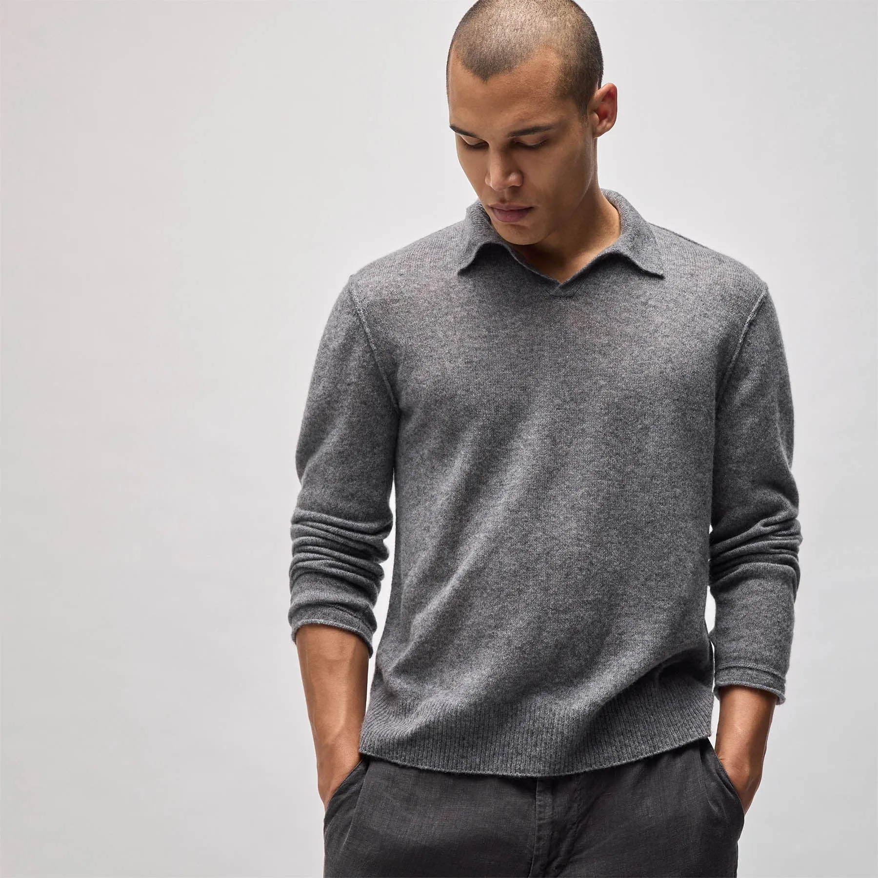 Soft Featherweight Cashmere Polo - Heather Grey