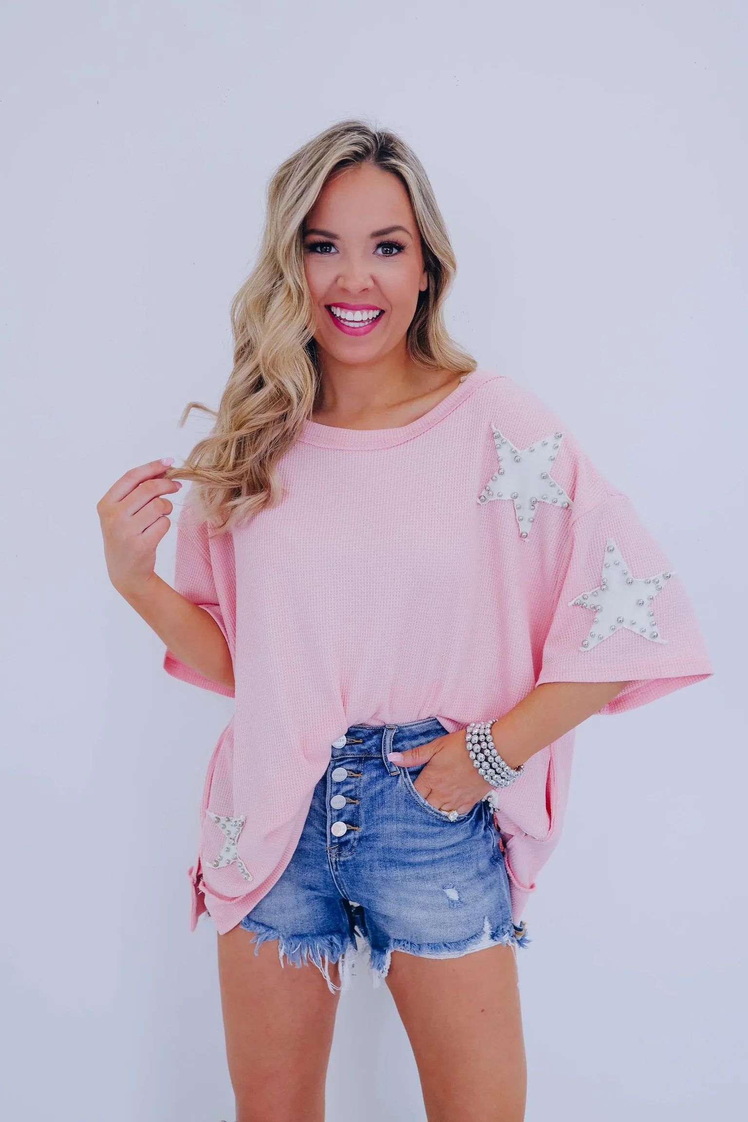 Star Studded Pocketed Top - Pink/White