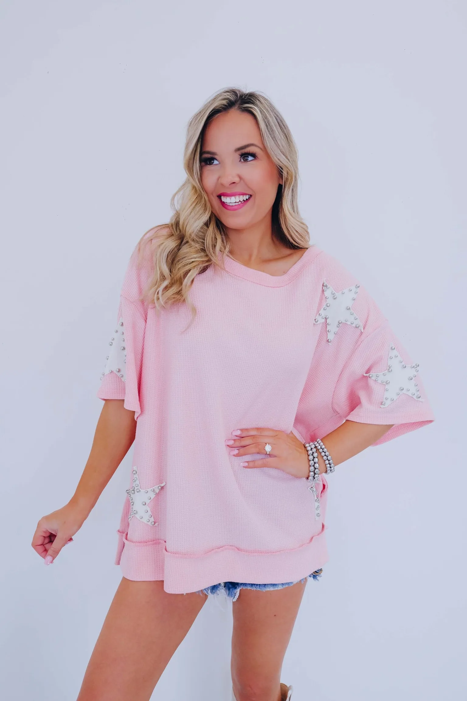 Star Studded Pocketed Top - Pink/White