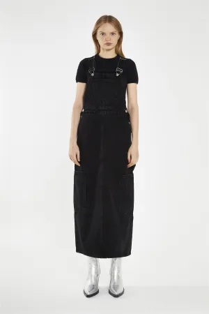 Washed-Black Denim Dungaree Midi-Dress