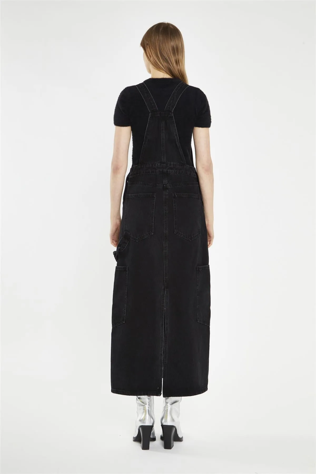 Washed-Black Denim Dungaree Midi-Dress