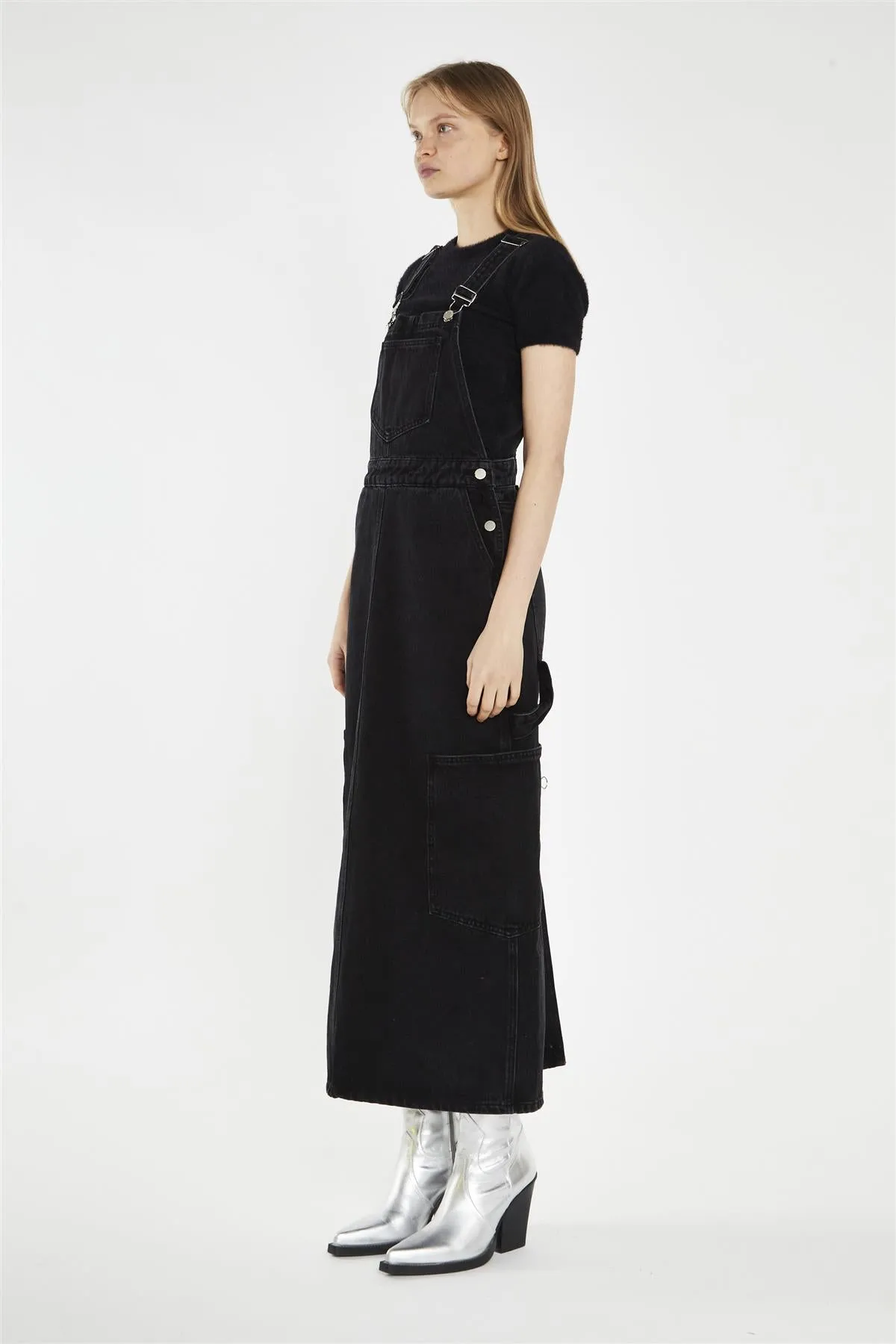 Washed-Black Denim Dungaree Midi-Dress