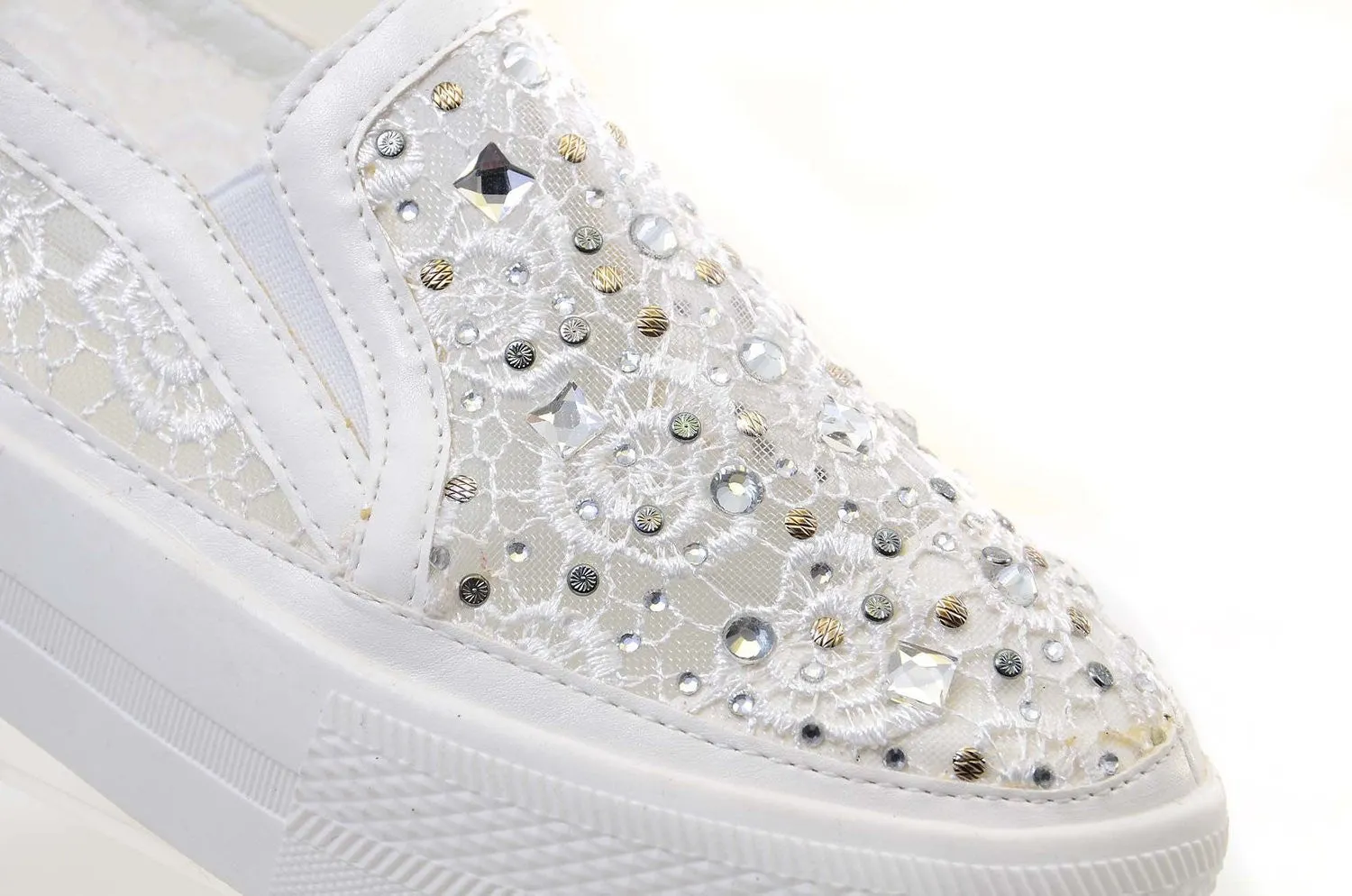 White Rose Lace Rhinestone Slip On Platform Sneakers Women's