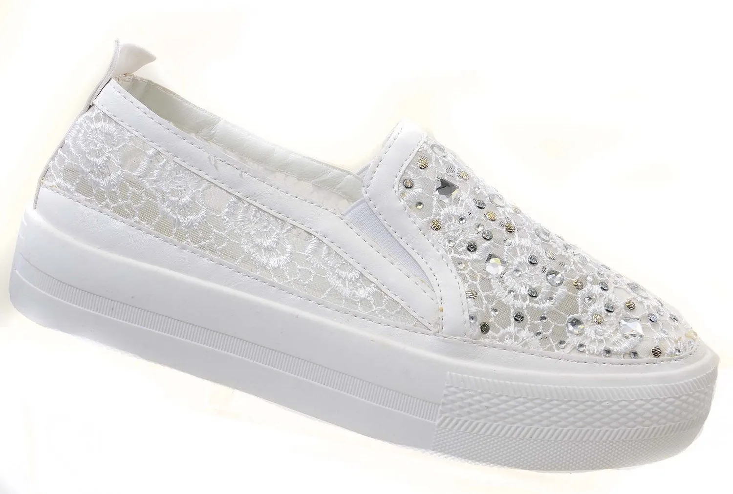 White Rose Lace Rhinestone Slip On Platform Sneakers Women's