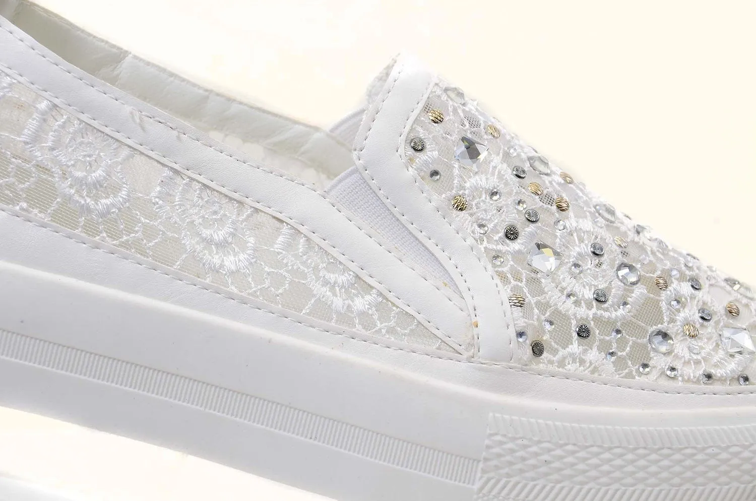 White Rose Lace Rhinestone Slip On Platform Sneakers Women's