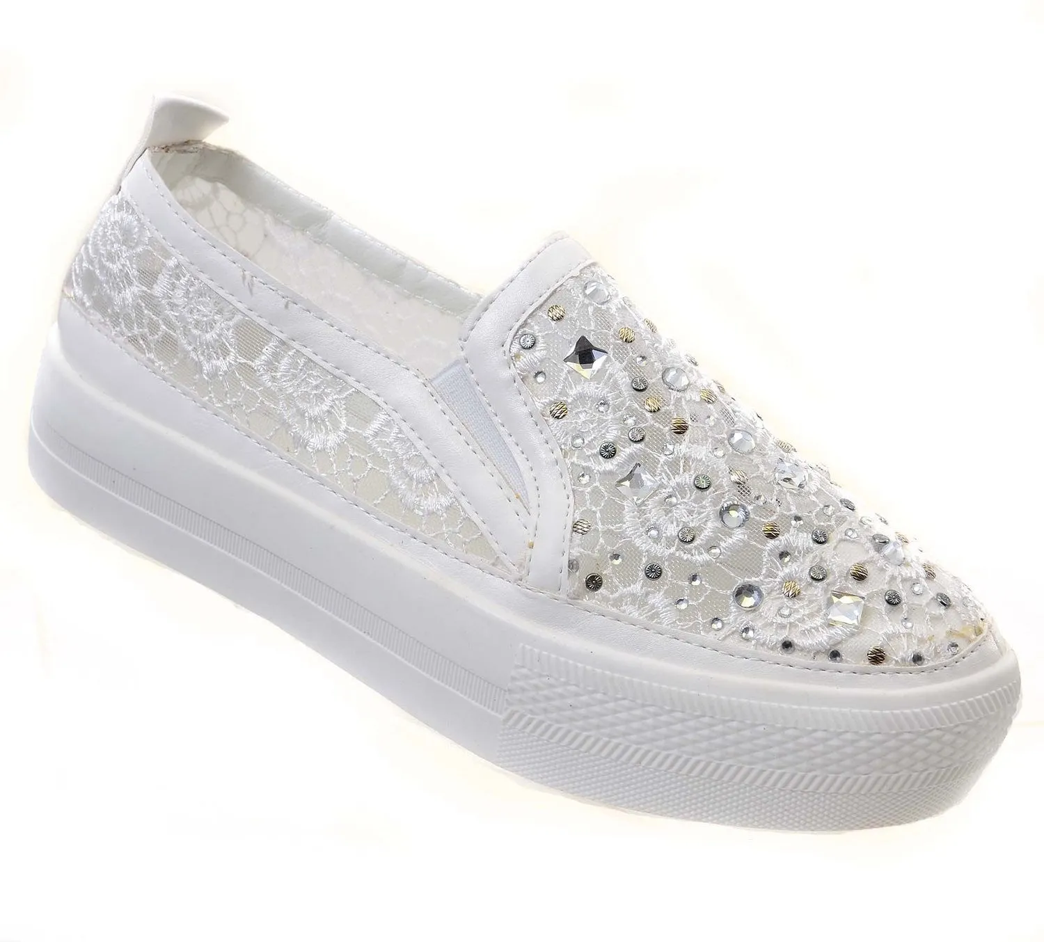 White Rose Lace Rhinestone Slip On Platform Sneakers Women's