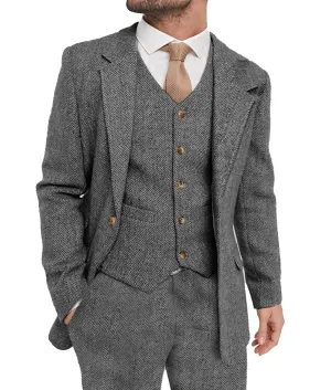 Wiaofellas Mens Suit Grey 3 Piece Suit Hight Quality Wool Tweed Wedding Groomsmen Shawl Lapel Tuxedos Slim Fit Blazer Pants vest