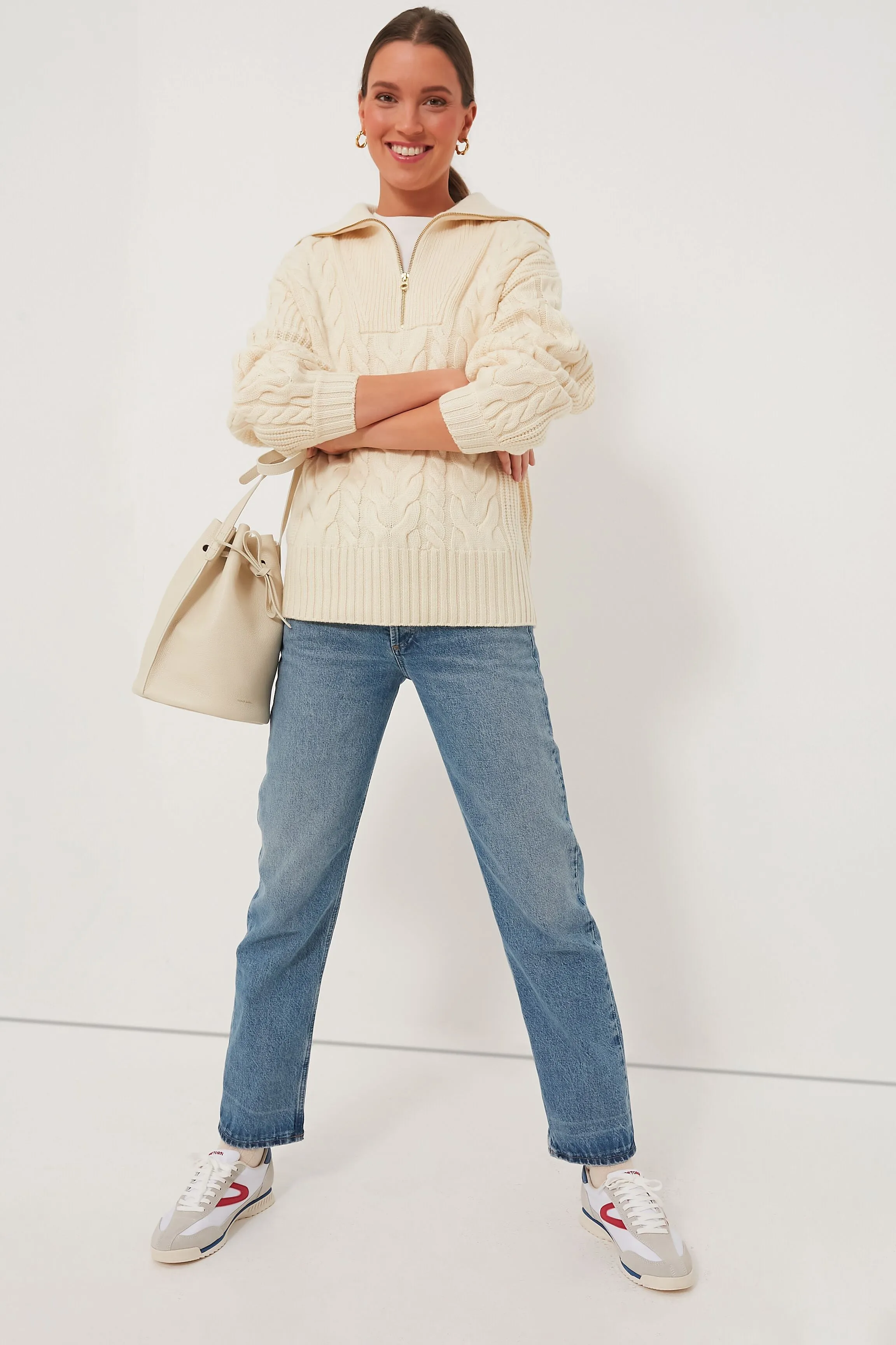 Winter White Daria Half Zip Cable Knit