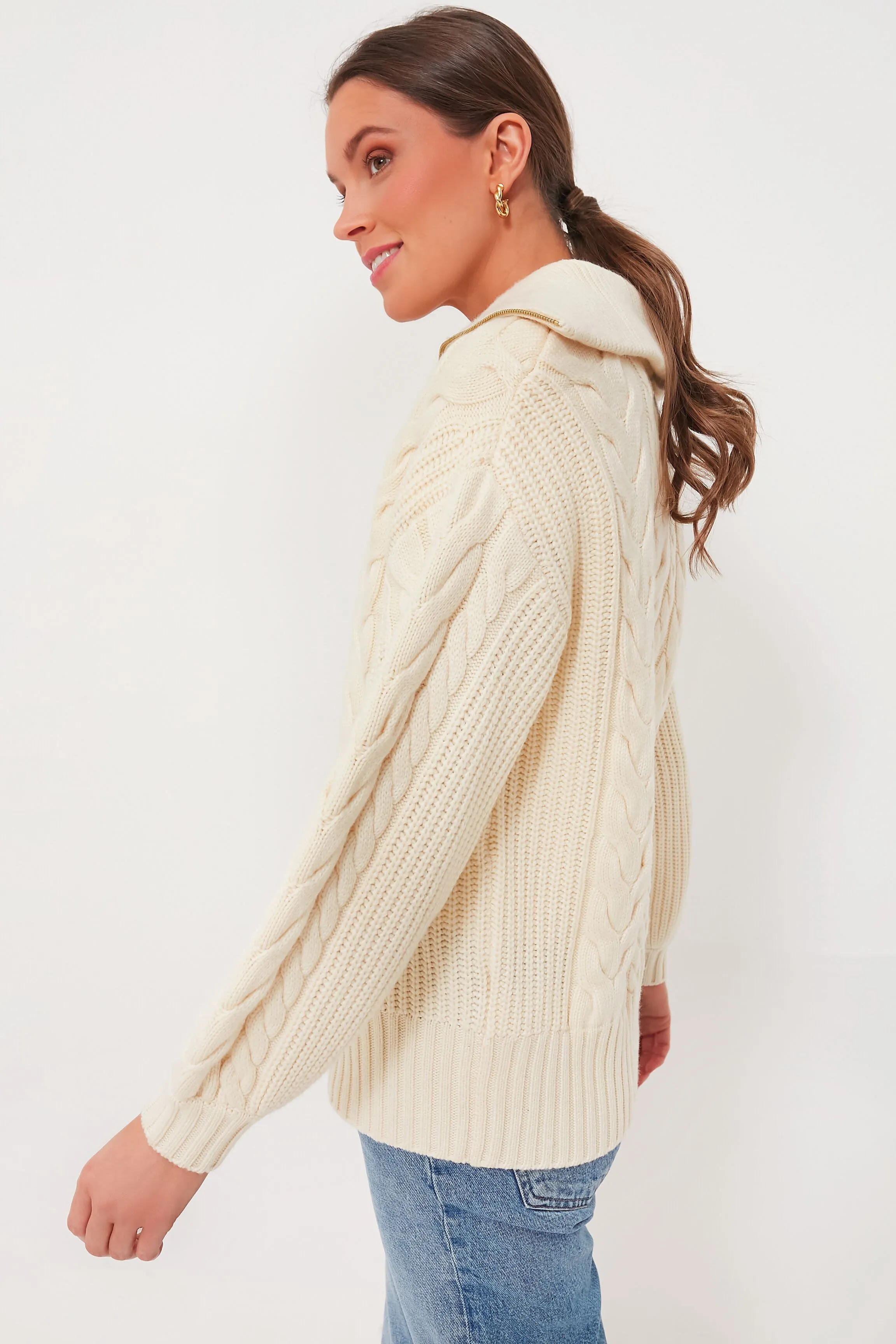 Winter White Daria Half Zip Cable Knit