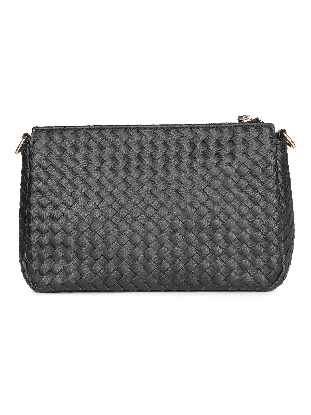 Women Black Woven Design Structured Sling Bag