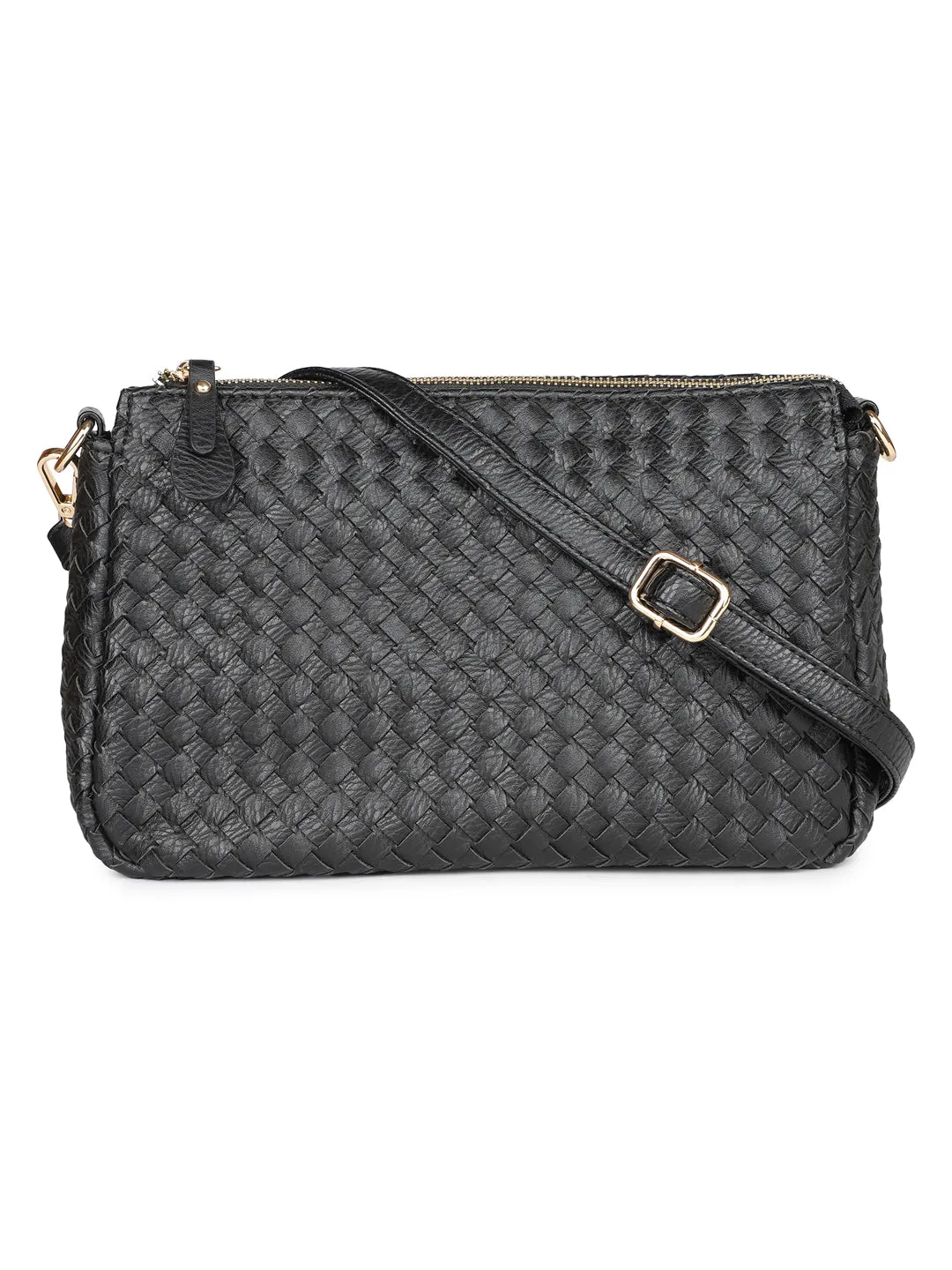 Women Black Woven Design Structured Sling Bag