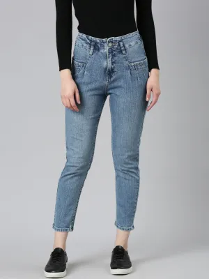 Women Blue Solid Mom Fit Denim Jeans