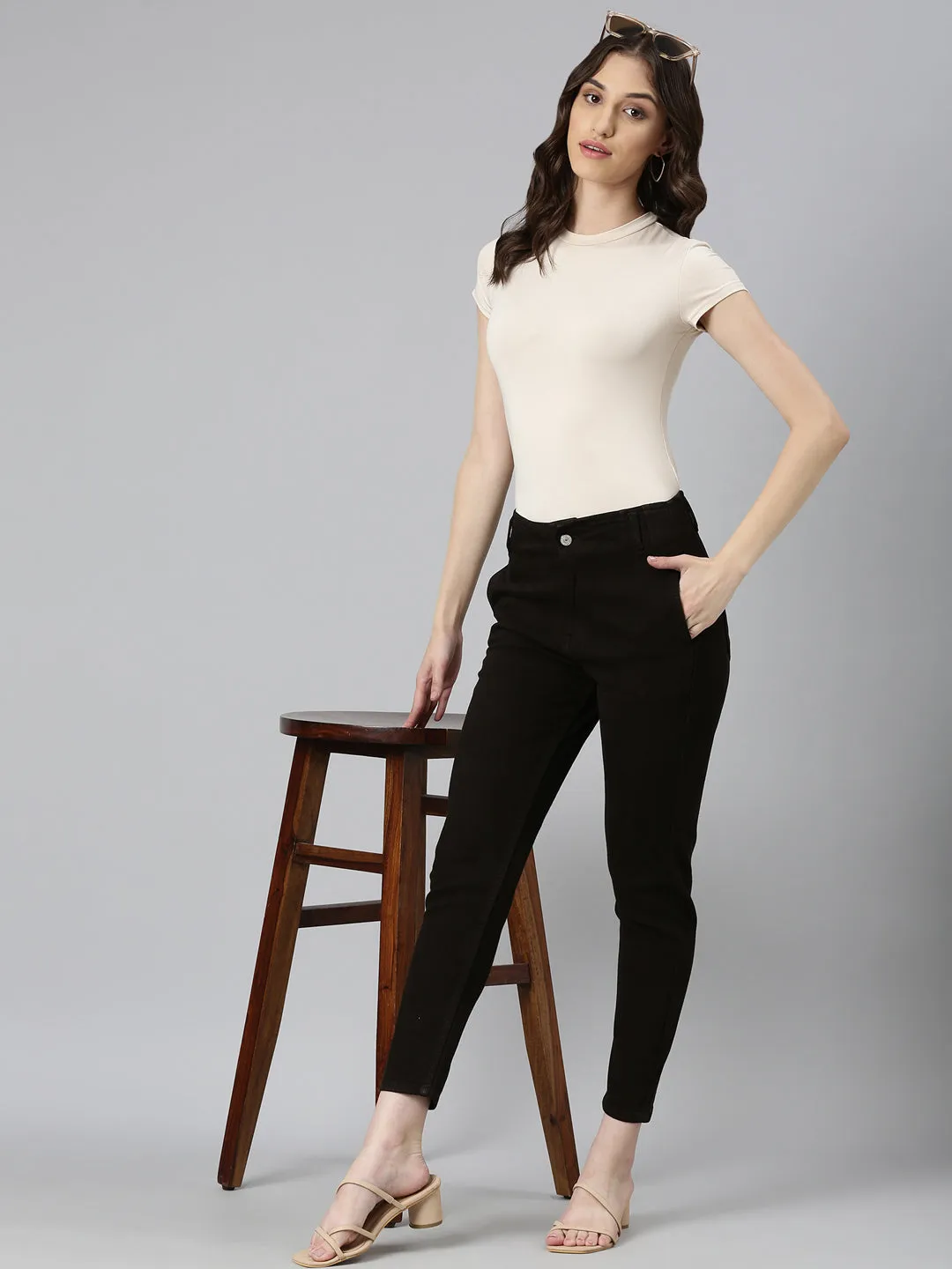 Women Coffee Brown Solid Slim Fit Denim Jeans