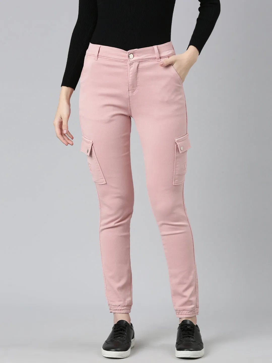 Women Pink Solid Jogger Denim Jeans