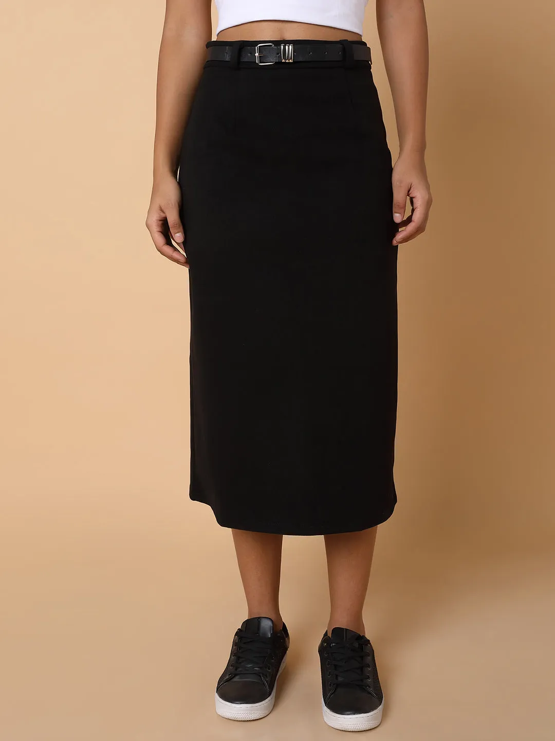 Women Solid Black Midi Skirt with Belt