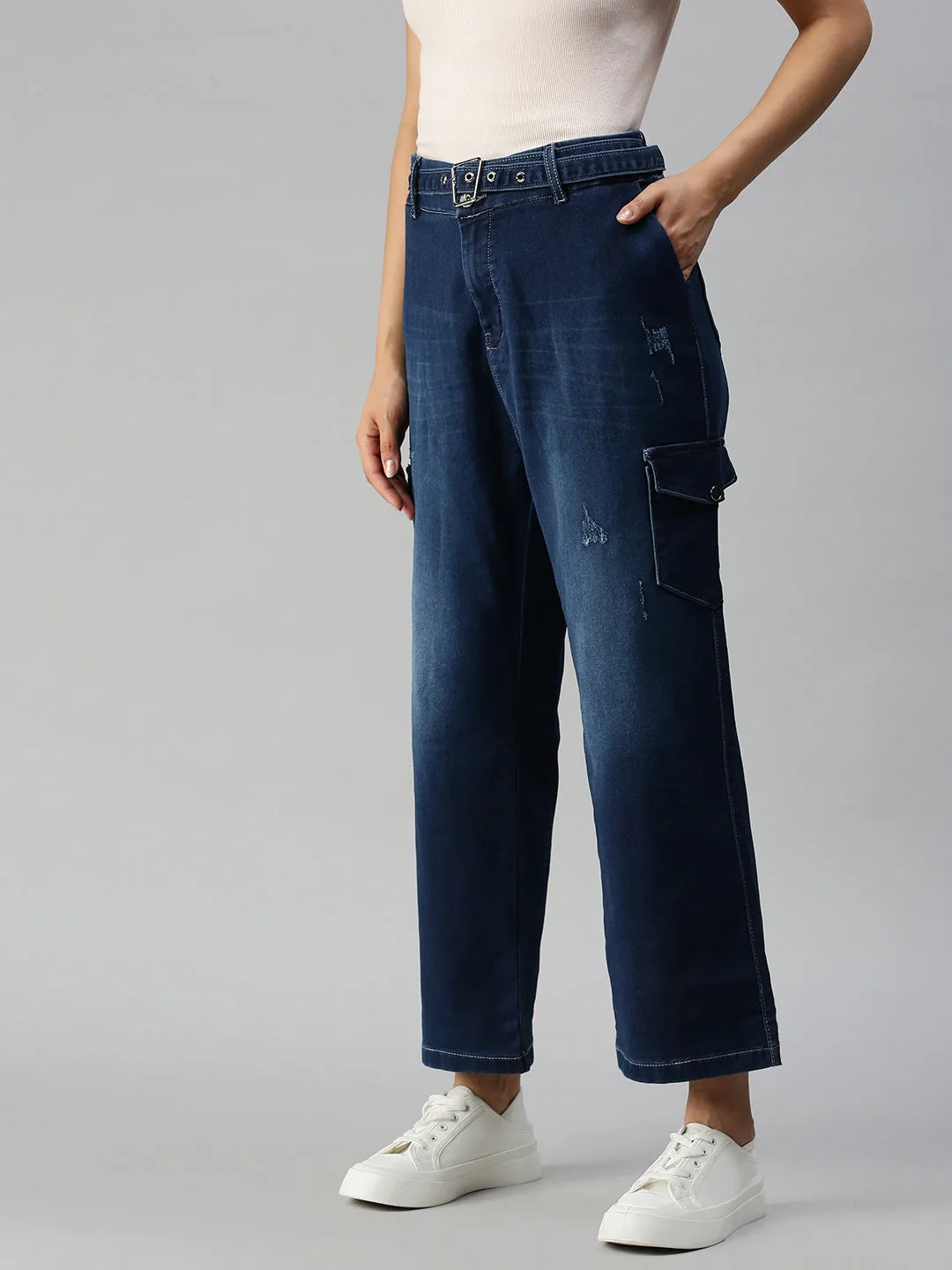 Women's Blue Solid Relaxed Fit Denim Jeans